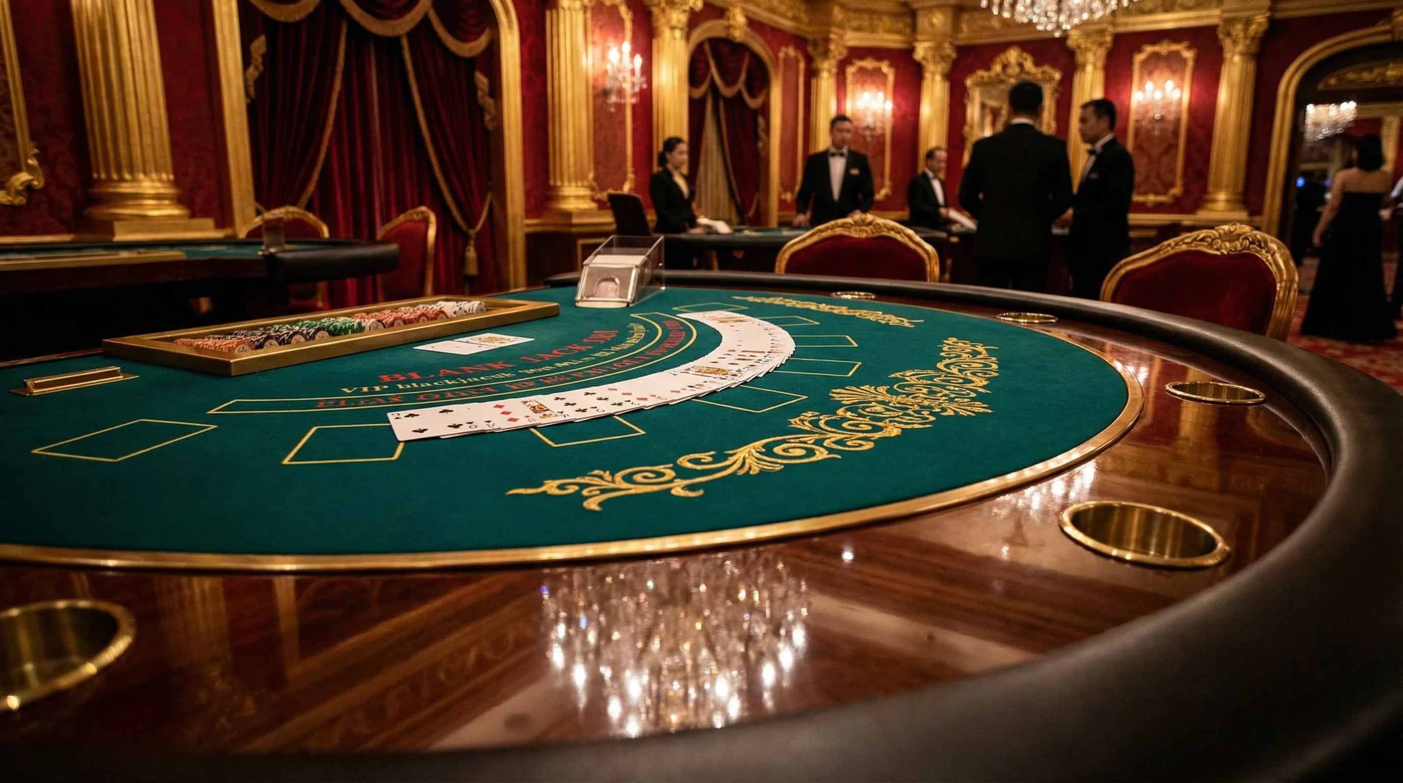Mesa de blackjack profesional con cartas y fichas en casino de lujo